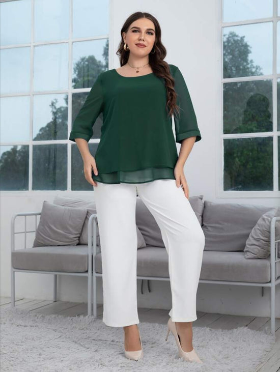 Plus Layered Hem Solid Blouse T1200