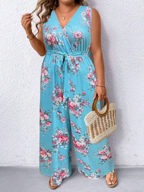 Plus Surplice Neck Floral Belted Jumpsuit D3189