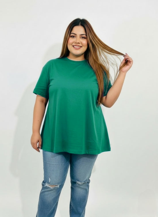 Pluswear Everyday Drop Shoulder A-Line Cotton Tshirt (Green)