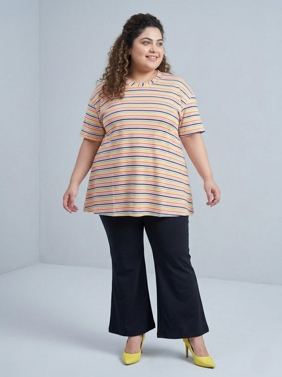 Pluswear Everyday Drop Shoulder A-Line Striped Soft Cotton Tshirt (Vari-Colored)