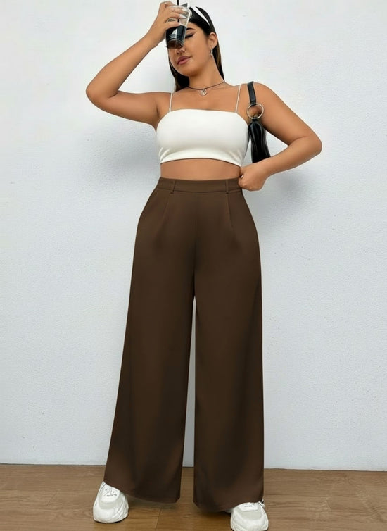 Pluswear Everyday Slip On Pocket Wide Leg High Waisted Pants (Coffee Brown)