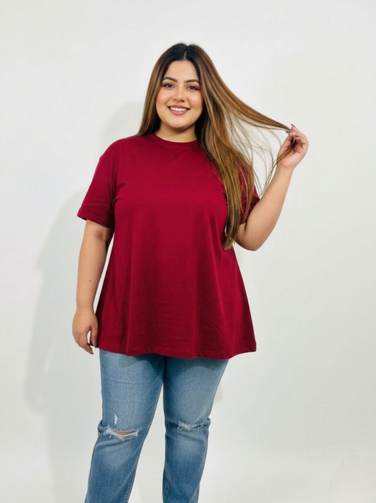Pluswear Everyday Drop Shoulder A-Line Cotton Tshirt (Red)
