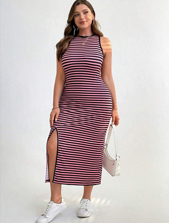 Plus Striped Slit Hem Sleeveless Bodycon Dress D1994