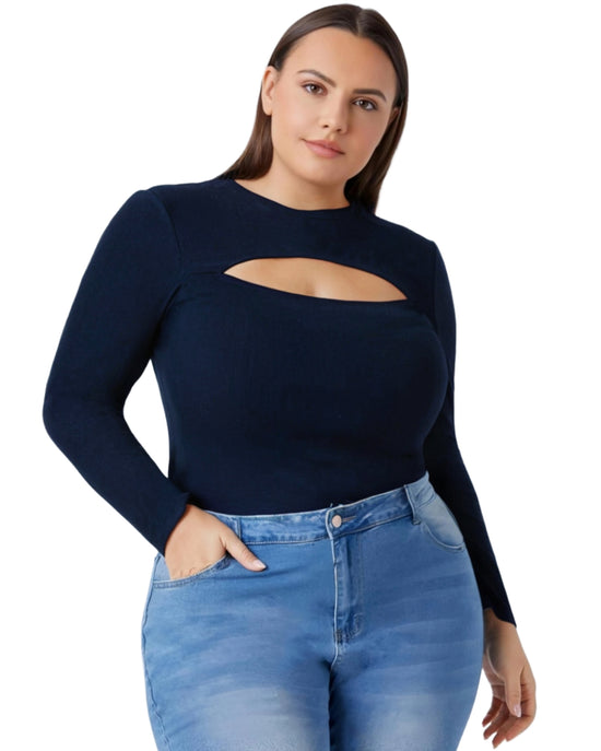 Pluswear Premium Cutout Neck Ribbed Top(Navy Blue)