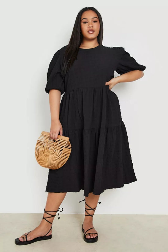 Plus Textured Puff Sleeve Tiered Smock Dress D4013