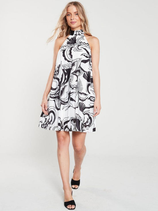 Plus Abstract Print Pleated Halter Neck Dress D3324