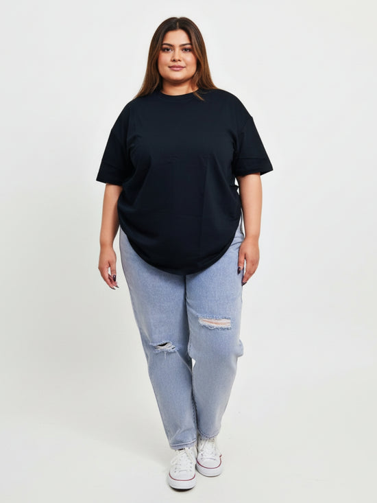 Pluswear Everyday Drop Shoulder Oversized Cotton Tshirt (Black)
