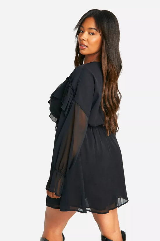 Plus Lace Up Front Chiffon Ruffle Mini Dress D4010