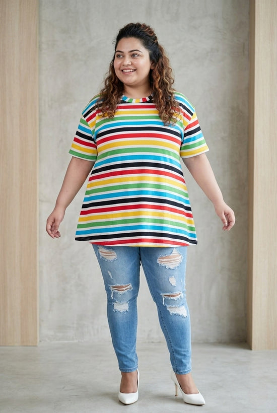 Pluswear Everyday Drop Shoulder A-Line Striped Cotton Tshirt (Rainbow)