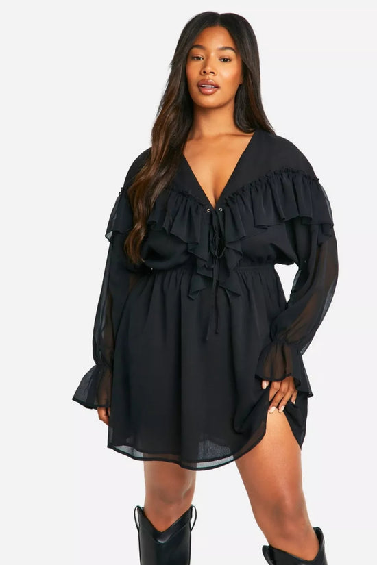 Plus Lace Up Front Chiffon Ruffle Mini Dress D4010