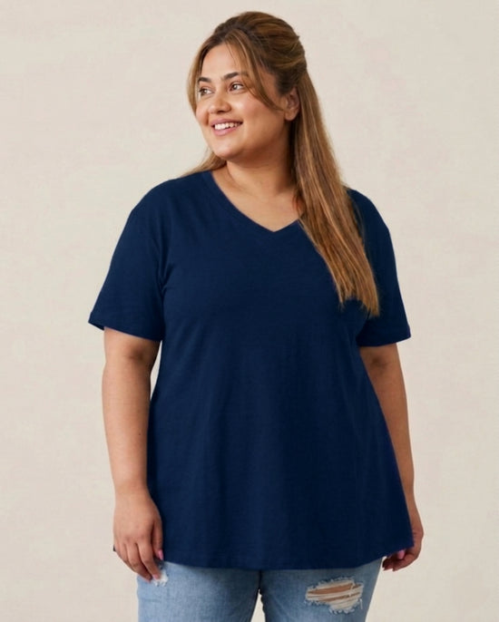 Pluswear Everyday V Neck A-Line Cotton Tshirt (Navy Blue)