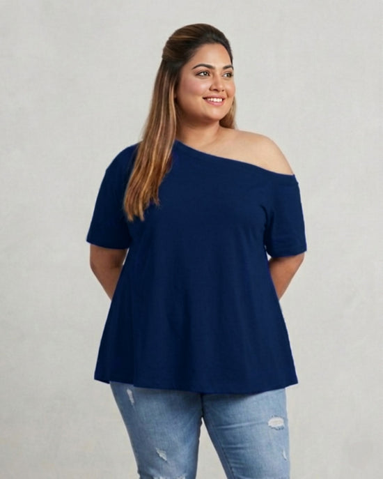 Pluswear Everyday One Shoulder A-Line Cotton Tshirt (Navy Blue)
