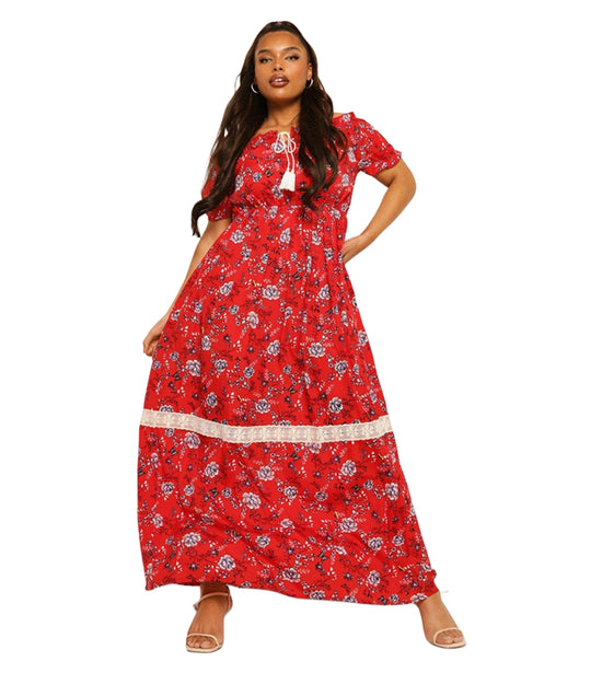 Plus Floral Off Shoulder Tassel Tie Maxi Dress D3308