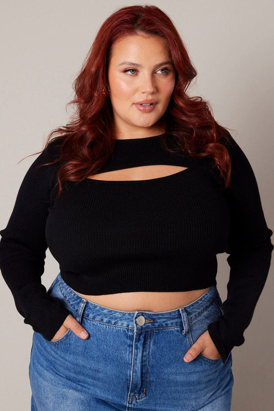Pluswear Premium Cutout Neck Ribbed Crop Top (Black)