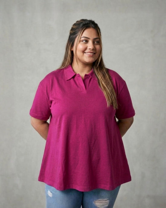 Pluswear Everyday Polo Collar A-Line Cotton Tshirt (Berry Pink)