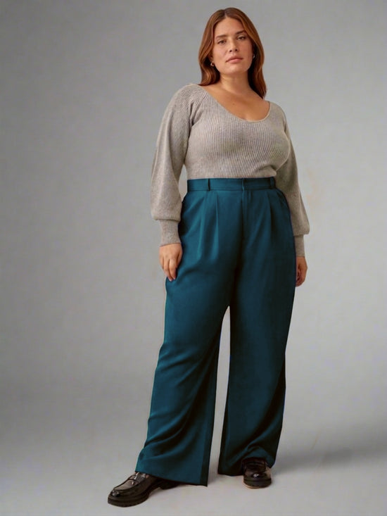Pluswear Premium Plicated Hem Wide Leg High Waisted Pants (Peacock Blue)