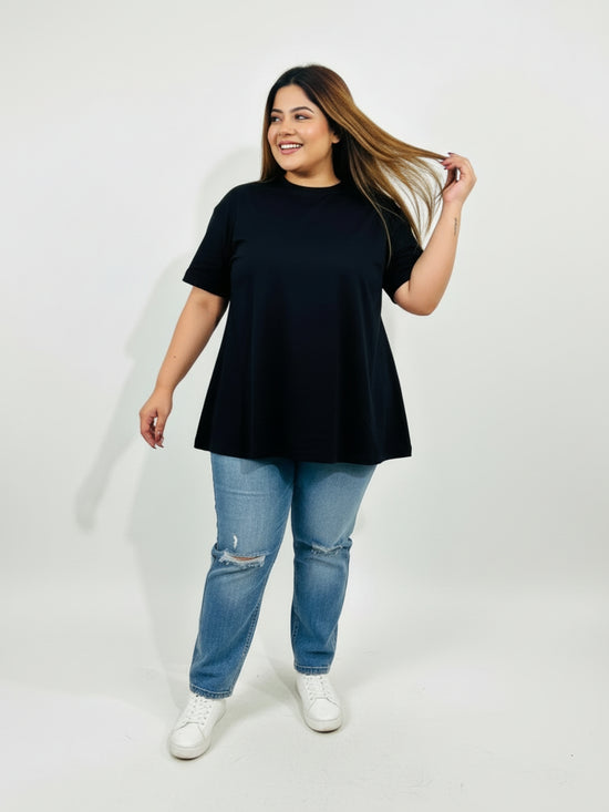 Pluswear Everyday Drop Shoulder A-Line Cotton Tshirt (Black)