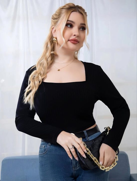 Pluswear Premium Ribbed Square Neck Crop Top (Black)