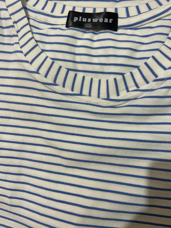 Pluswear Everyday Drop Shoulder A-Line Striped Cotton Tshirt (Blue-White)