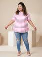 Pluswear Everyday Drop Shoulder A-Line Striped Cotton Tshirt (Pink-White)