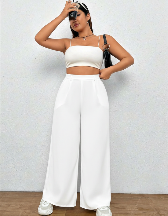 Pluswear Everyday Slip On Pocket Wide Leg High Waisted Pants (White)