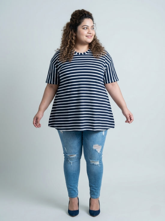 Pluswear Everyday Drop Shoulder A-Line Striped Cotton Tshirt (Navy White)