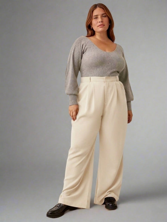 Pluswear Premium Plicated Hem Wide Leg High Waisted Pants(Light Cream)