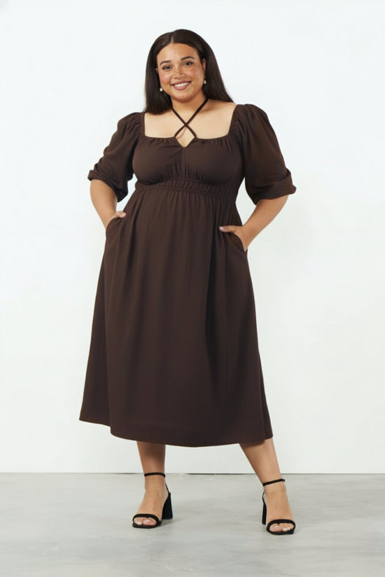 Pluswear Clara 4 Way Tie Up Neck Pocket Flare Dress(Coffee)