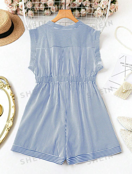 Plus Pocket Patch Striped Belted Romper D3169