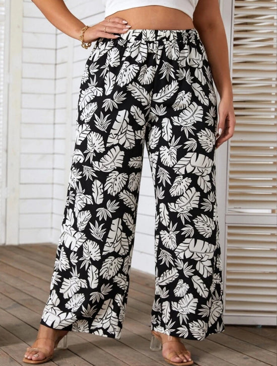 Plus Leaf Print Elastic Waist Pants T2415