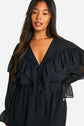 Plus Lace Up Front Chiffon Ruffle Mini Dress D4010