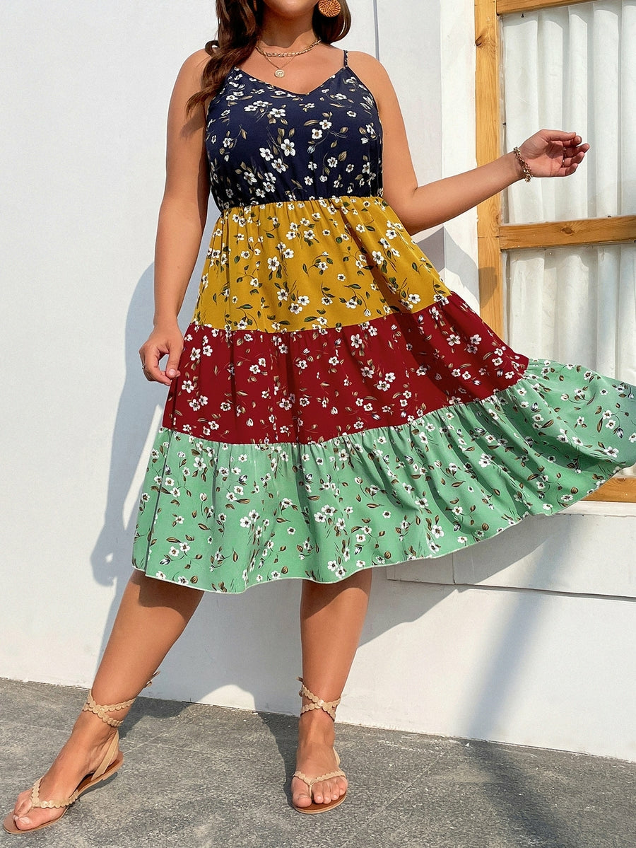 Plus Colorblock Floral Cami Dress D444