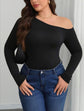 Pluswear Premium Asymmetric Shoulder Ribbed Top (Black)