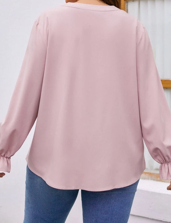 Plus Notched Neckline Flounce Sleeve Blouse (Baby Pink) T189