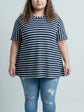 Pluswear Everyday Drop Shoulder A-Line Striped Cotton Tshirt (Navy White)