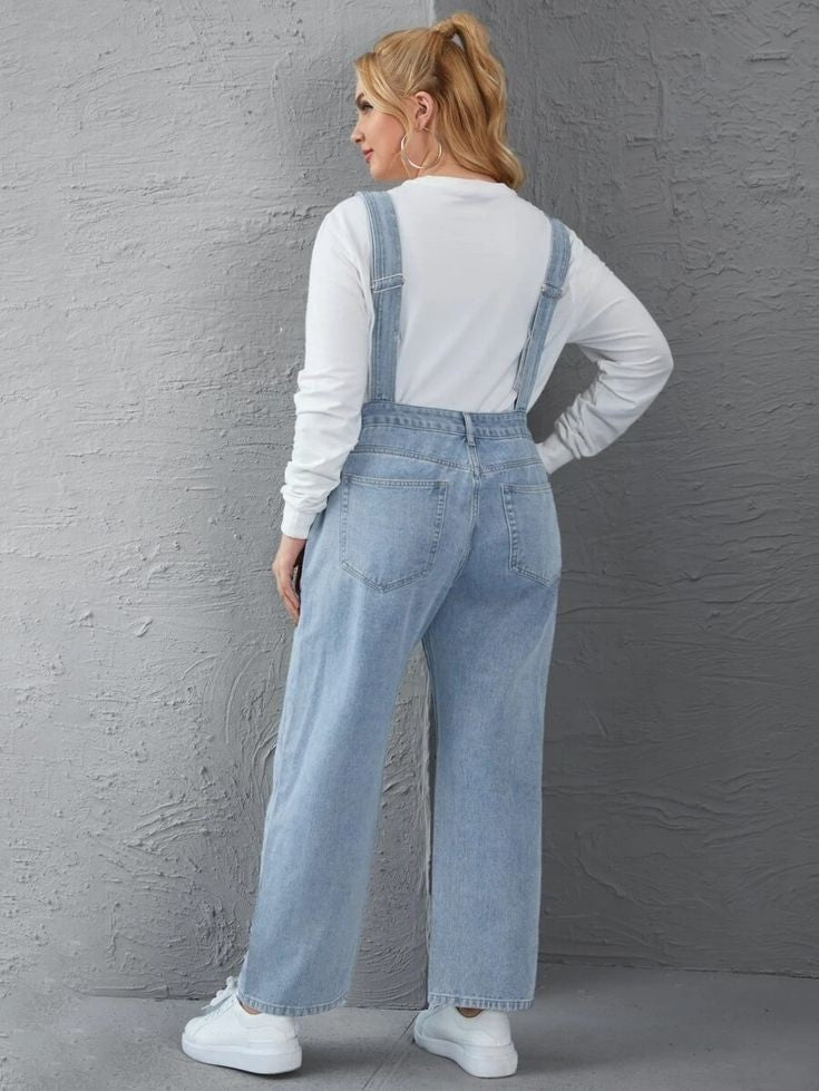 Plus Solid Pocket Denim Overalls Without Tee J308