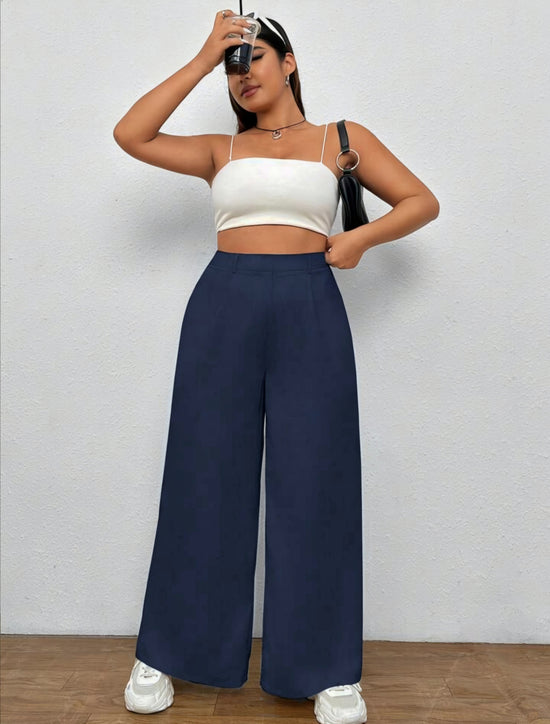 Pluswear Everyday Slip On Pocket Wide Leg High Waisted Pants (Navy Blue)