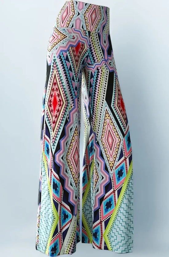 Plus Colorblock Print Wideband Waist Wide Leg Pants T2413