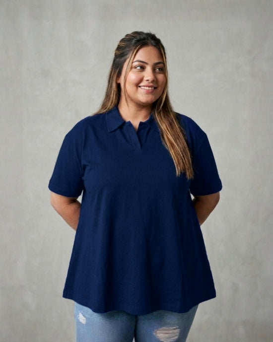 Pluswear Everyday Polo Collar A-Line Cotton Tshirt (Navy Blue)