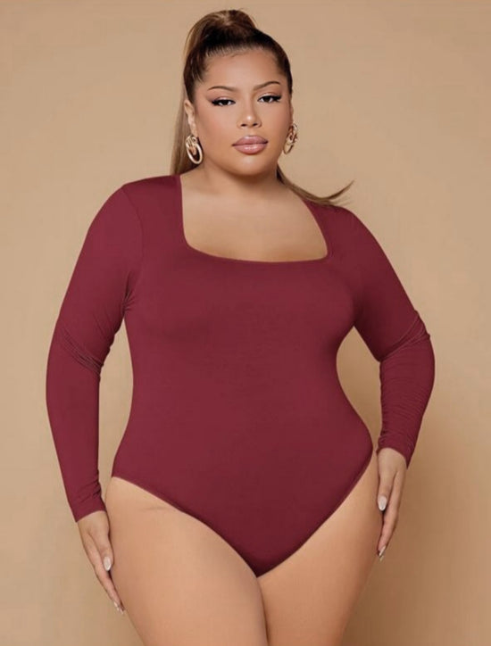 Pluswear Premium Square Neck Ribbed Bodysuit (Burgundy)