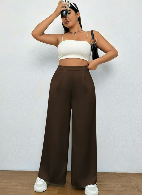 Pluswear Everyday Slip On Pocket Wide Leg High Waisted Pants (Burnt Brown)