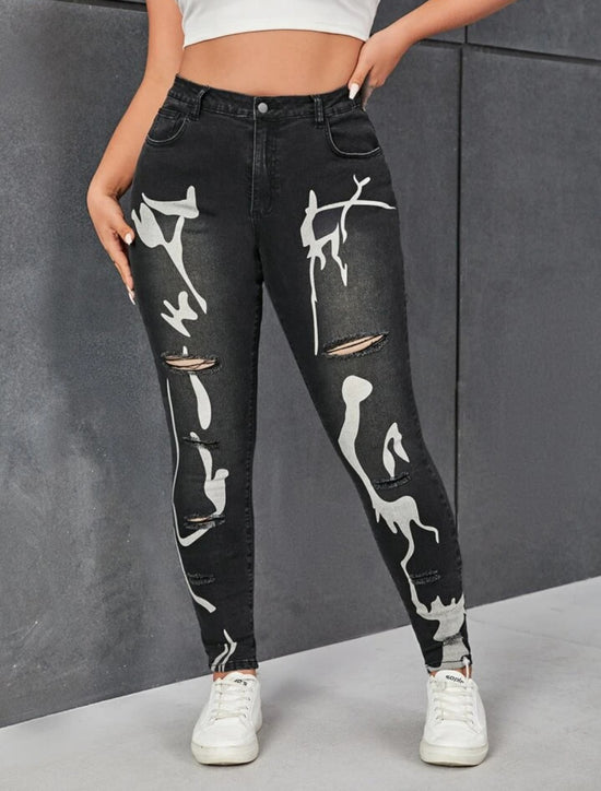 Plus Graphic Print Ripped Skinny Jeans J143