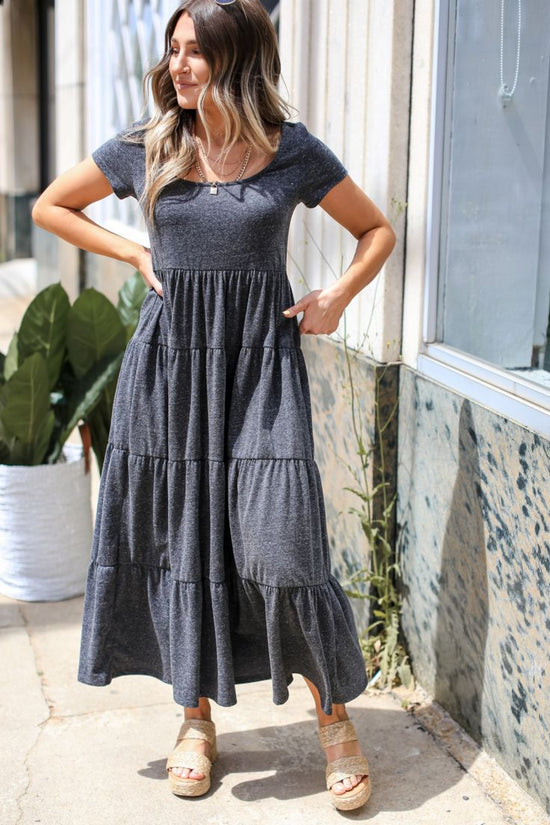 Fit & Flare Heather Grey Tiered Maxi Dress D3327