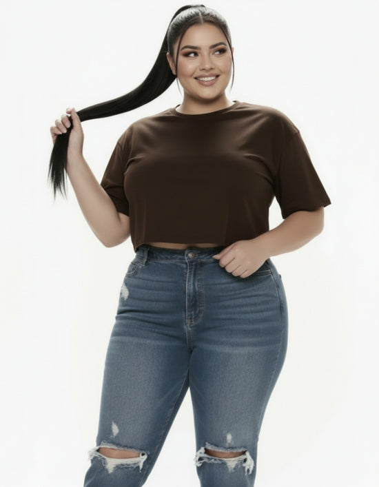 Pluswear Everyday Cropped Cotton Tshirt (Brown)