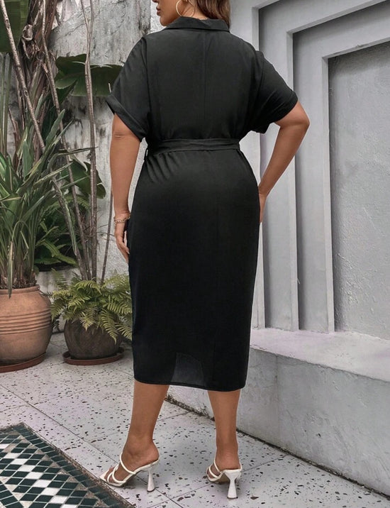 Plus Ruched Batwing Sleeve  Shirt Dress Without Belt  D559
