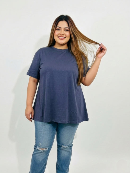 Pluswear Everyday Drop Shoulder A-Line Cotton Tshirt (Indigo Blue)