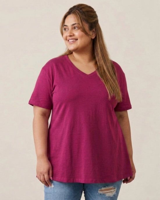Pluswear Everyday V Neck A-Line Cotton Tshirt (Berry Pink)