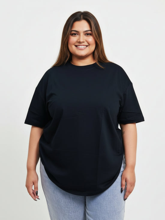 Pluswear Everyday Drop Shoulder Oversized Cotton Tshirt (Black)